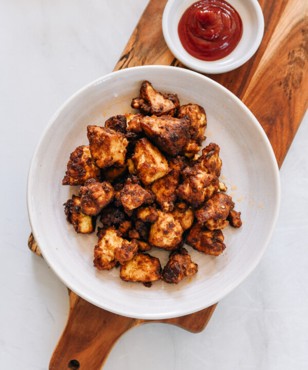 Air Fryer Tofu on plate with ketchup