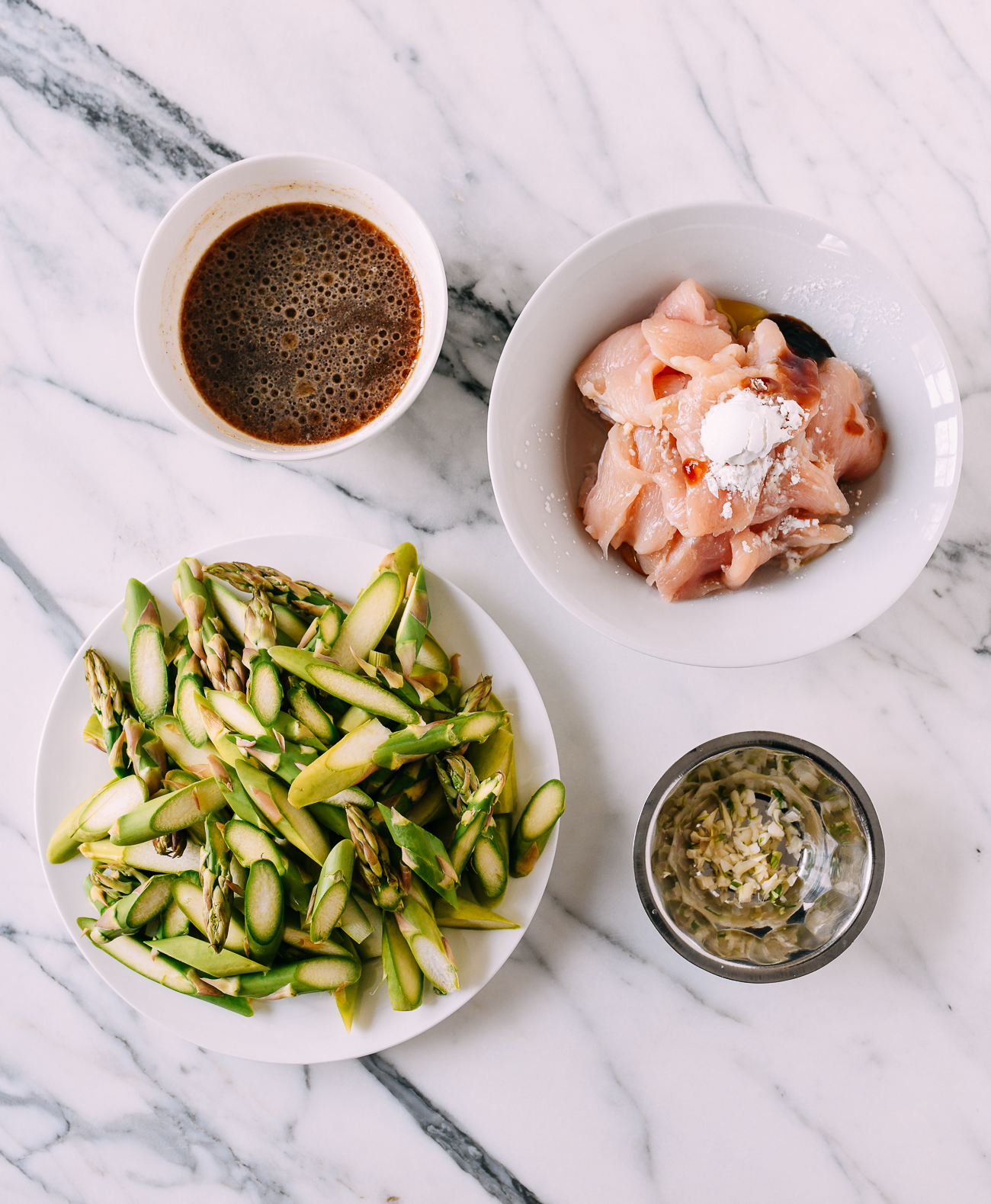 Ingredients for chicken and asparagus stir-fry