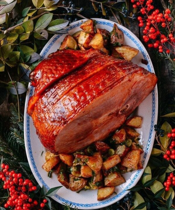 Plum Sauce Glazed Ham with Soy & Scallion Butter Roasted Potatoes