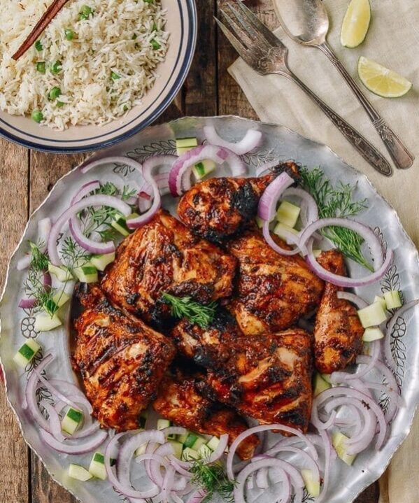 Grilled Tandoori Chicken with Indian-Style Rice, by thewoksoflife.com