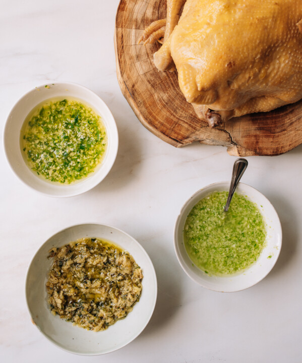 Whole poached chicken with Chinese ginger scallion sauces